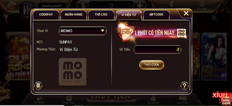 Nạp tiền 5 Gửi tiền Sunwin qua ví điện tử