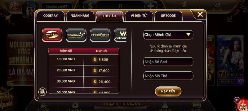 Nạp tiền 4 Nạp tiền Sun Win qua thẻ cào điện thoại